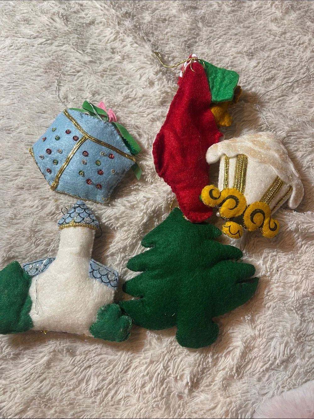 Vintage  Felt Christmas Ornament Lot - Stocking, Tree, Church, Gifts